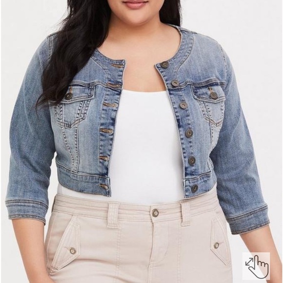 torrid Jackets & Blazers - TORRID Women’s DISTRESSED Light Wash Collarless Crop Trucker Denim Jacket Size 4